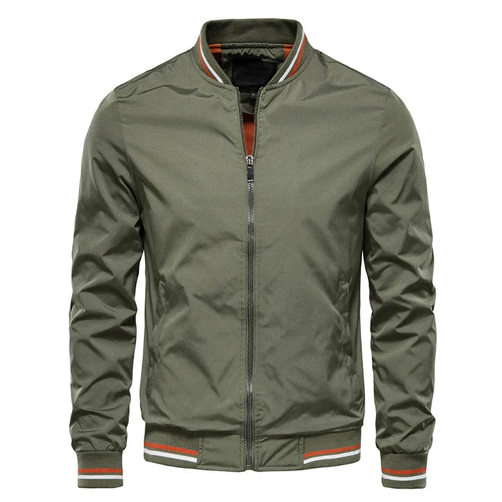 Julian bomber jacket in olive green with full zip closure, front view