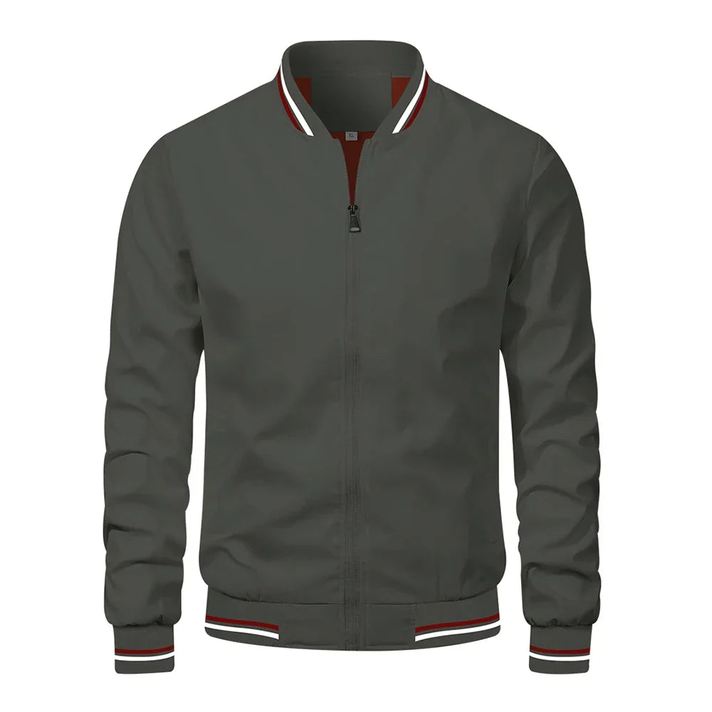 Julian bomber jacket in gray with striped hem trim, front view