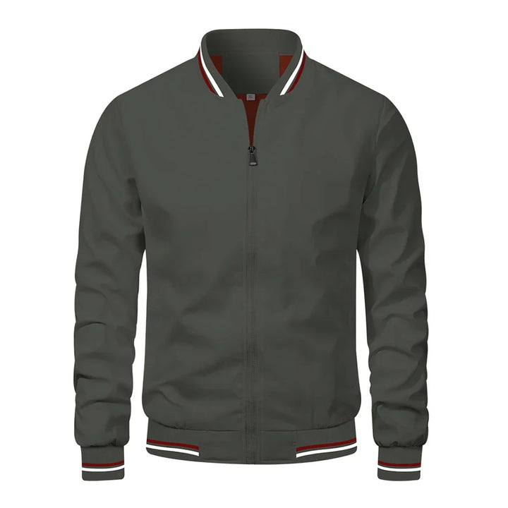 Julian bomber jacket in gray with striped hem trim, front view