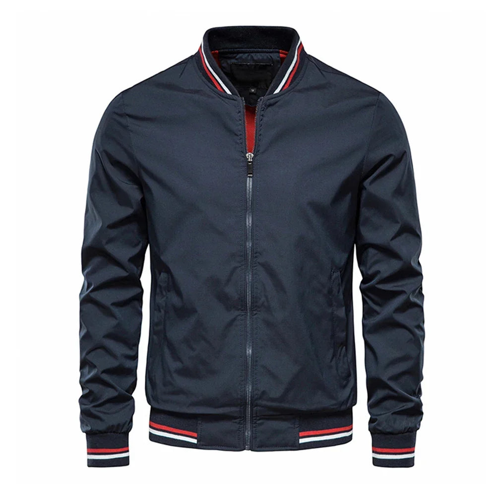 Julian bomber jacket in navy blue with striped collar, front view