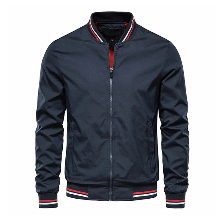 Julian bomber jacket in navy blue with striped collar, front view