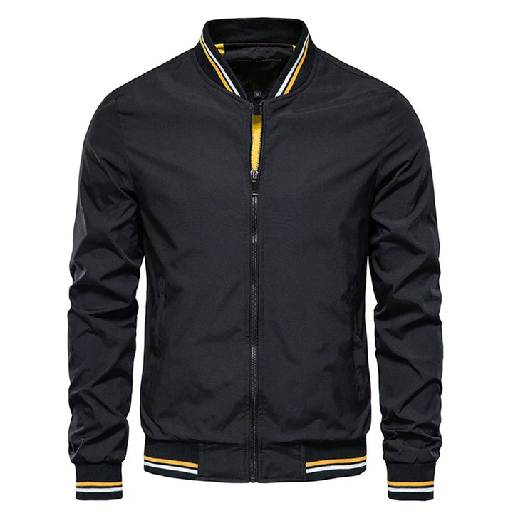 Julian bomber jacket in black with yellow striped trim, front view
