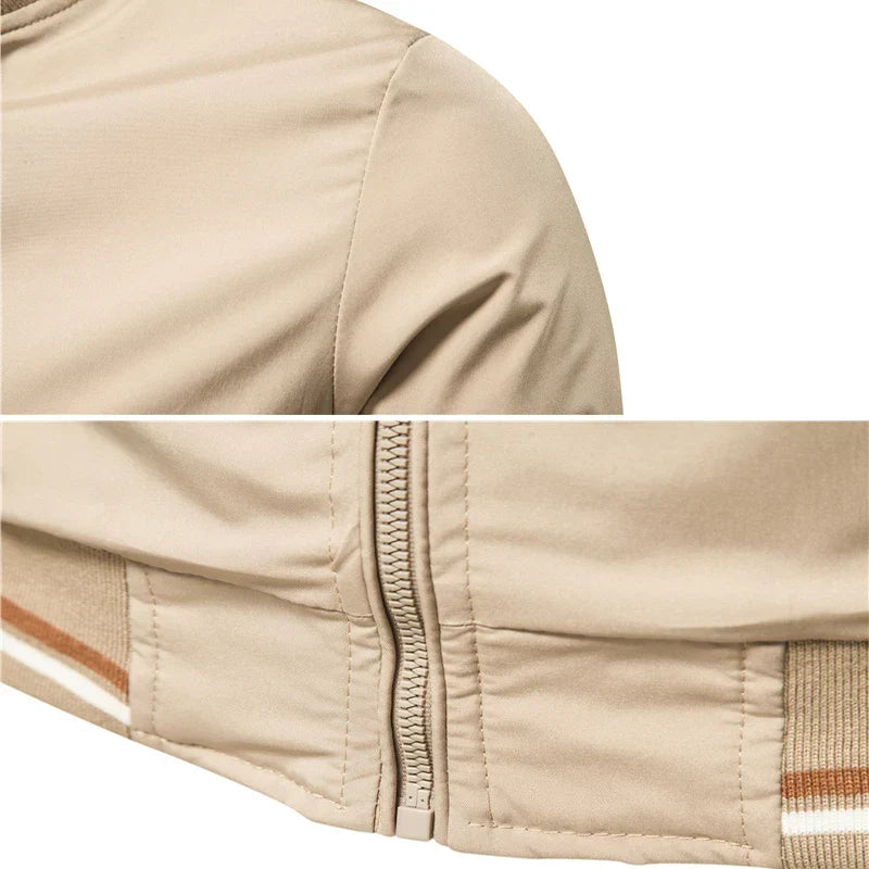 Close-up detail of Julian bomber jacket shoulder seam and ribbed cuff with zipper