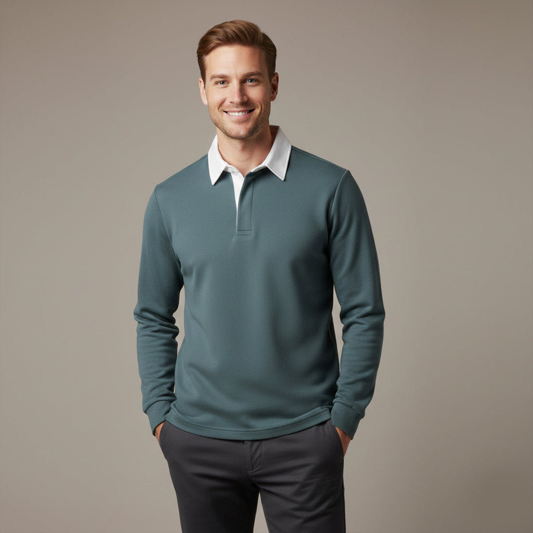 Lachlan green polo worn by model, front view