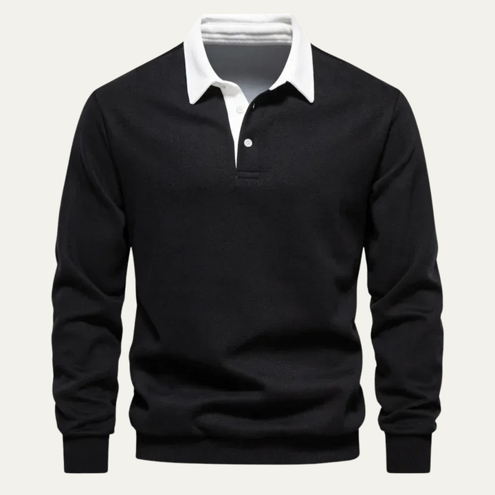 Lachlan contrast collar long sleeve polo in black, front view
