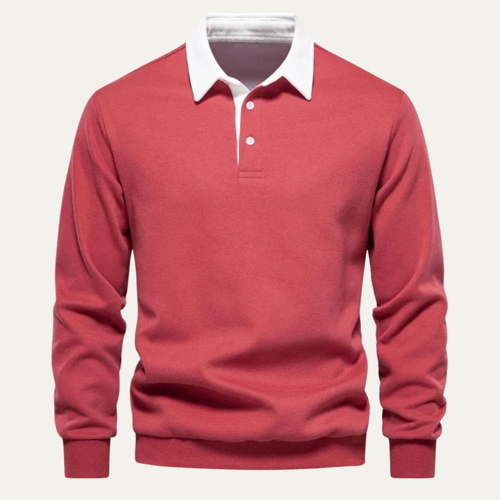 Lachlan contrast collar long sleeve polo in red, front view