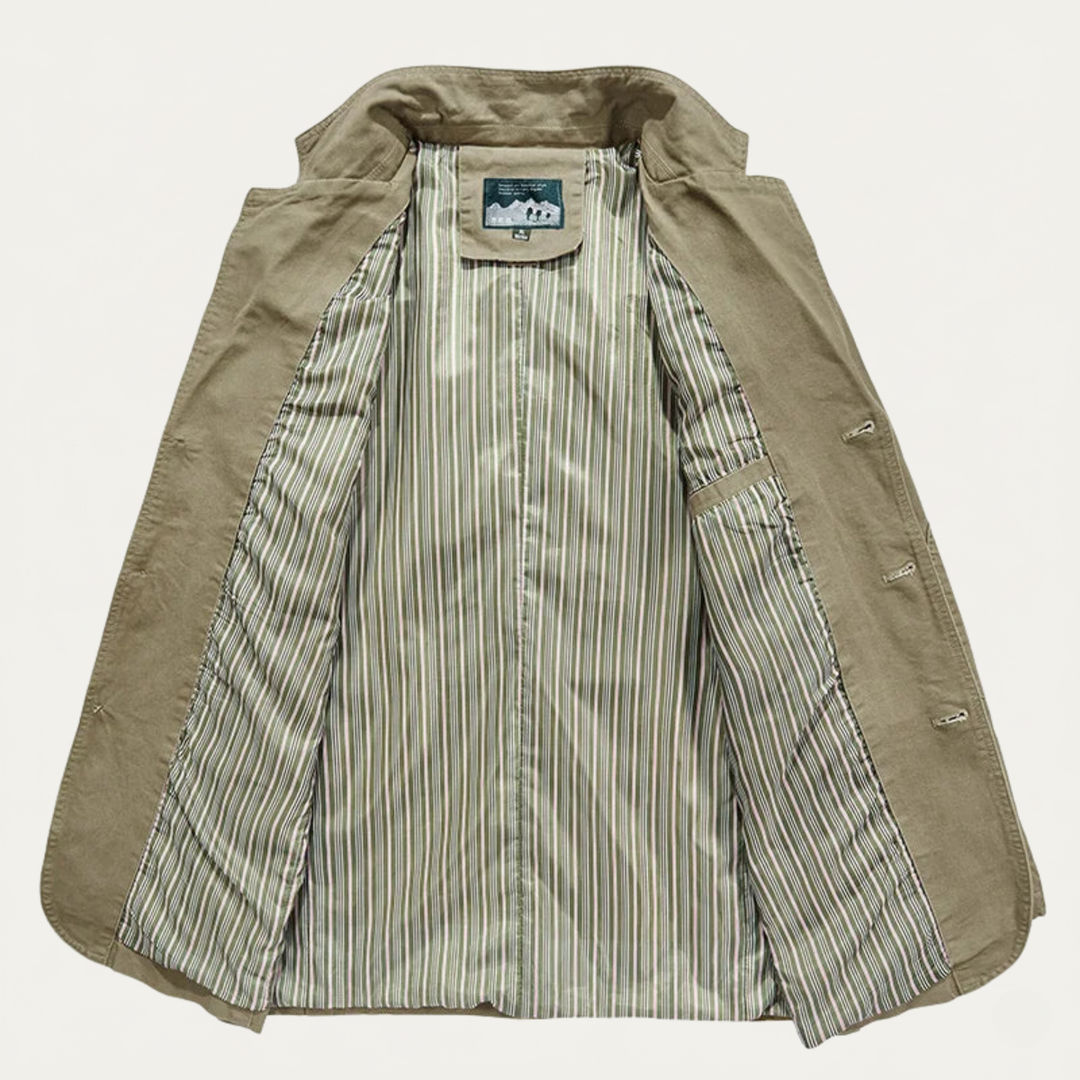 Interior view of Lawrence khaki blazer showing striped lining and chest pocket
