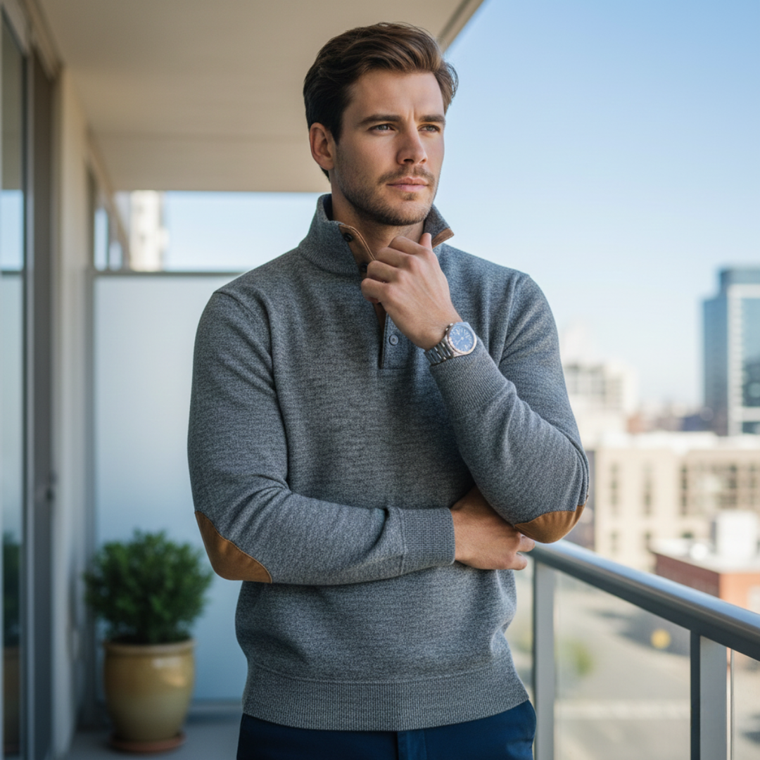 Model wearing Marcellus gray sweater on balcony, lifestyle shot