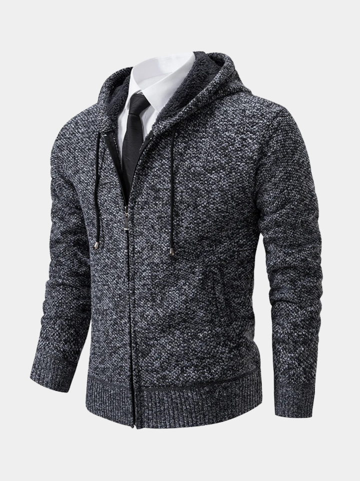 Marcus hooded zip cardigan in dark gray, front three-quarter view