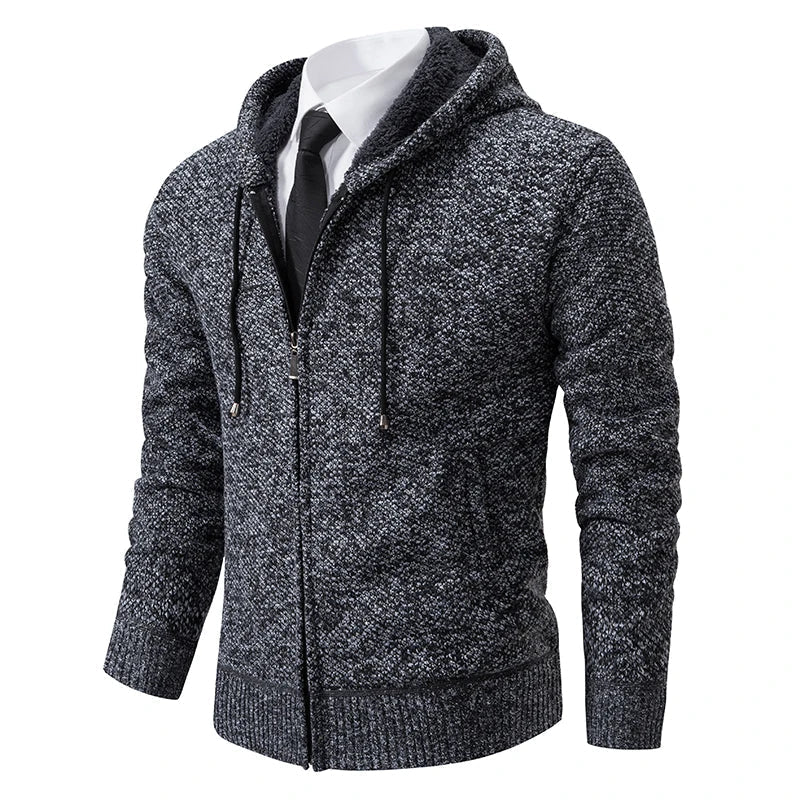 Marcus hooded zip cardigan in dark gray, close front view