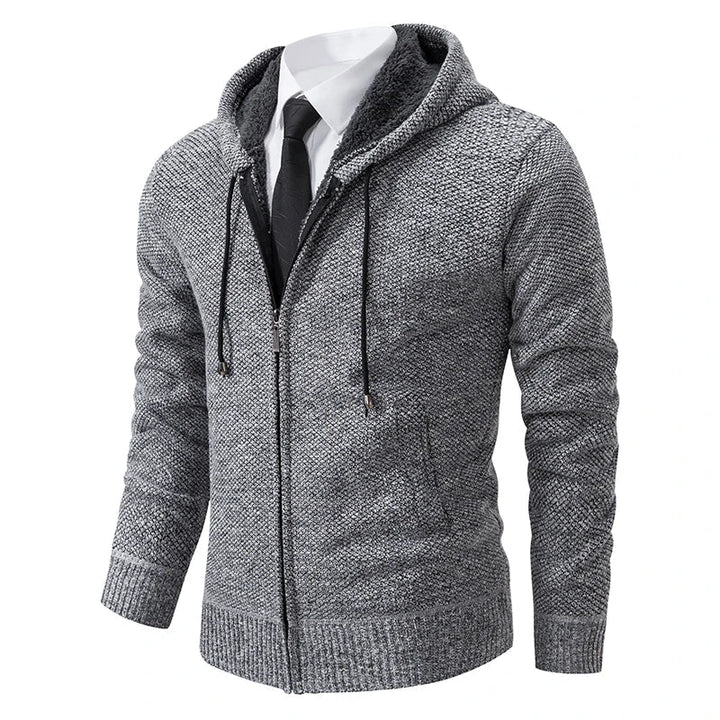 Marcus hooded zip cardigan in light gray, front view