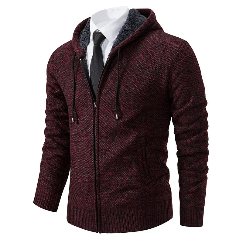 Marcus hooded zip cardigan in wine red, front view