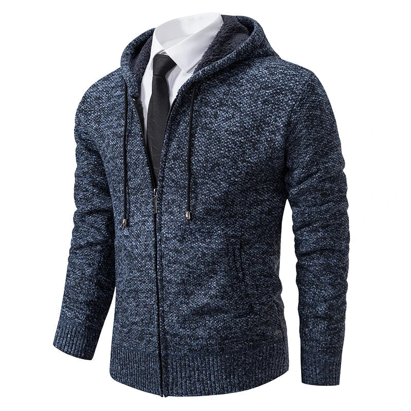 Marcus hooded zip cardigan in blue gray, front view