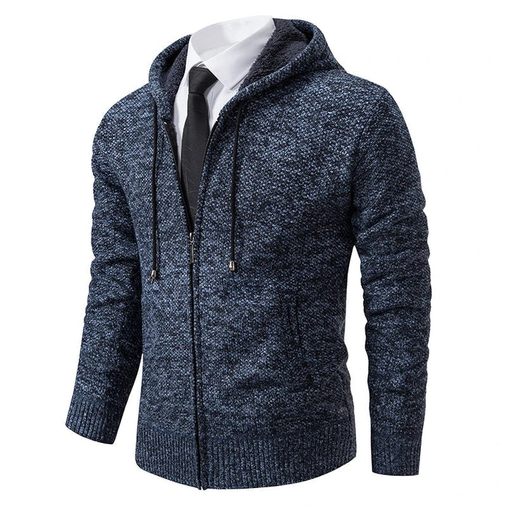 Marcus hooded zip cardigan in blue gray, front view