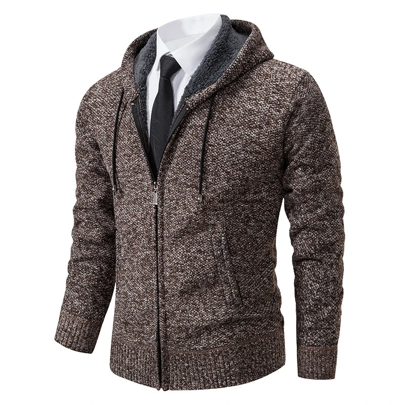 Marcus hooded zip cardigan in coffee brown, front view