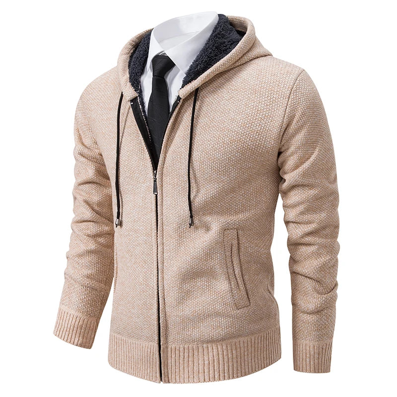 Marcus hooded zip cardigan in beige, front view