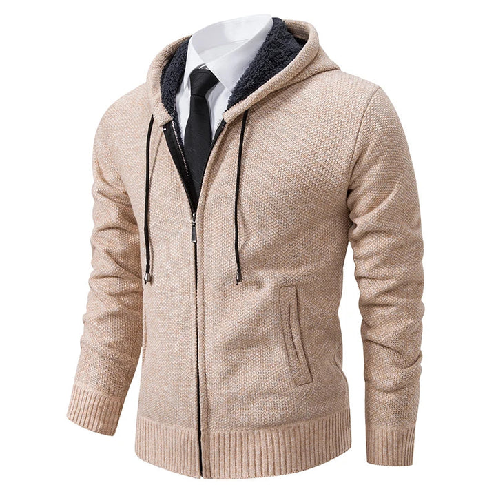 Marcus hooded zip cardigan in beige, front view