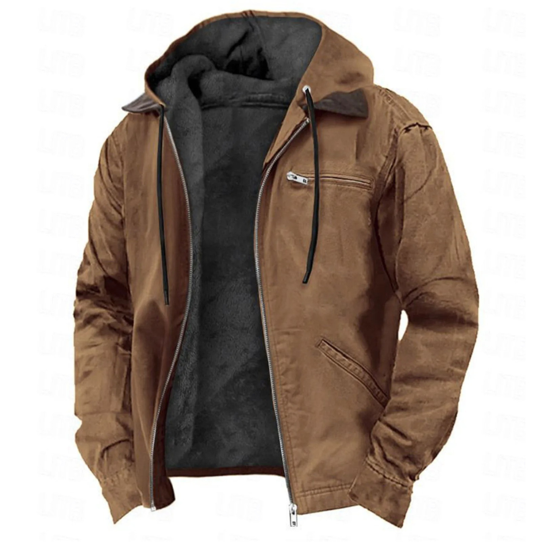Marcus hooded zip-up jacket in brown, front view with hood up