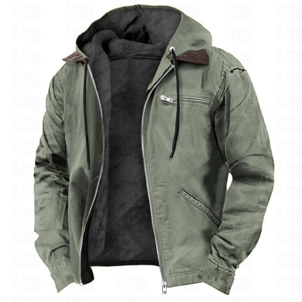 Marcus hooded winter jacket in olive green, front view unzipped