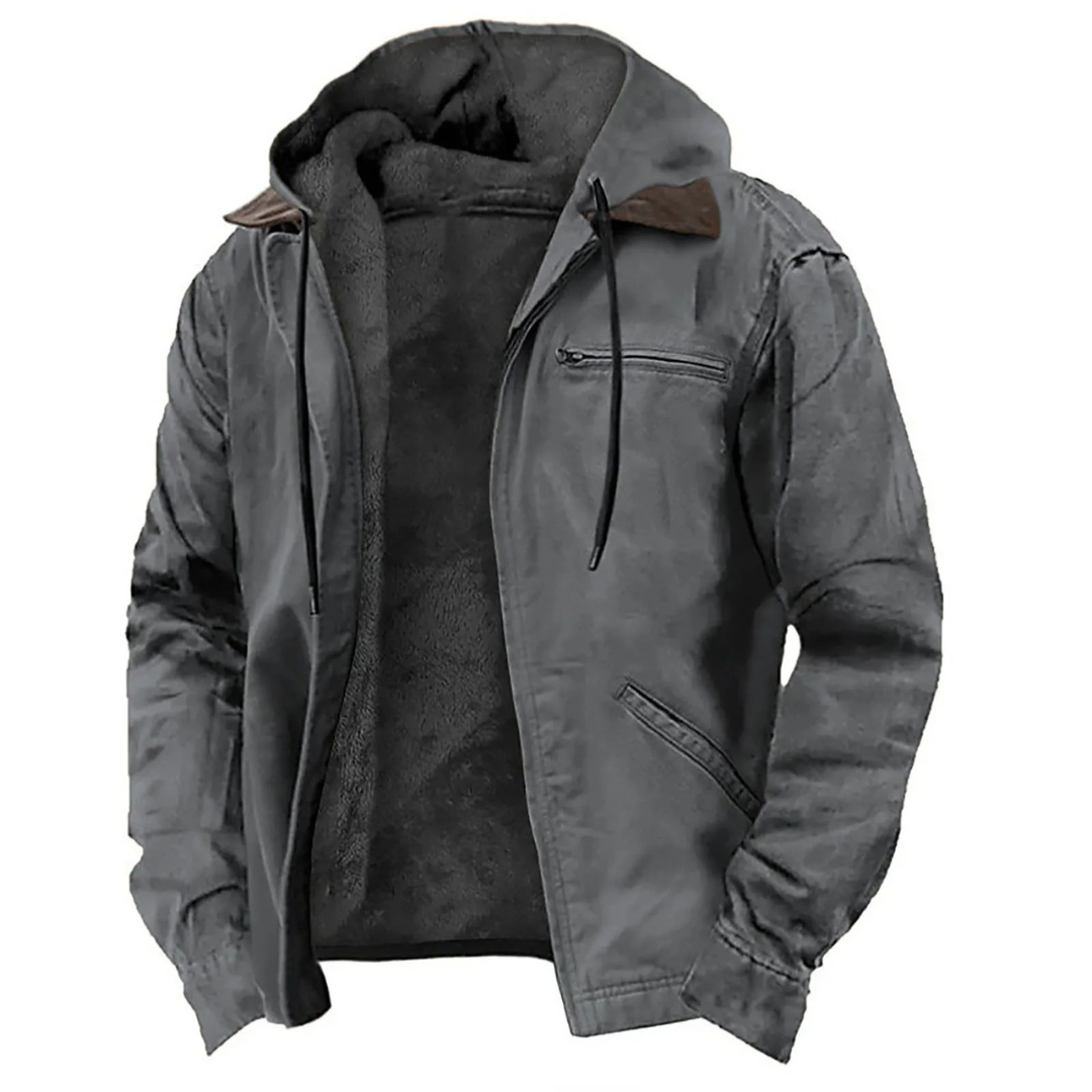 Marcus hooded winter jacket in gray, front view unzipped