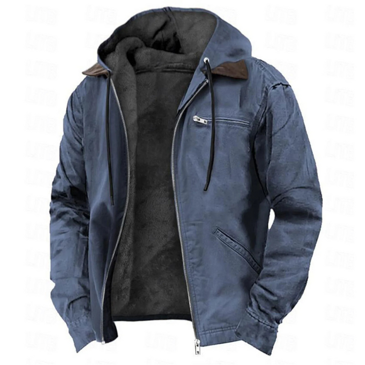 Marcus hooded winter jacket in blue, front view unzipped