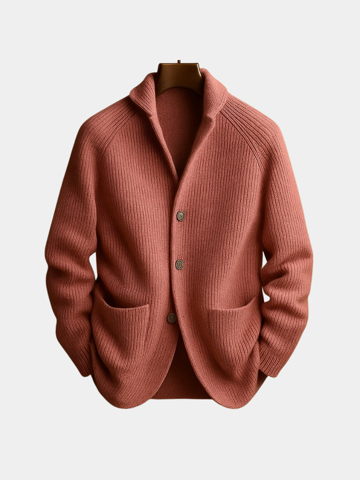 Marcus ribbed shawl collar cardigan in pink, front view on white background
