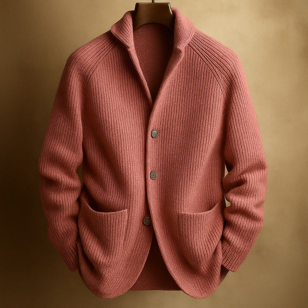 Marcus ribbed shawl collar cardigan in pink, front view on hanger