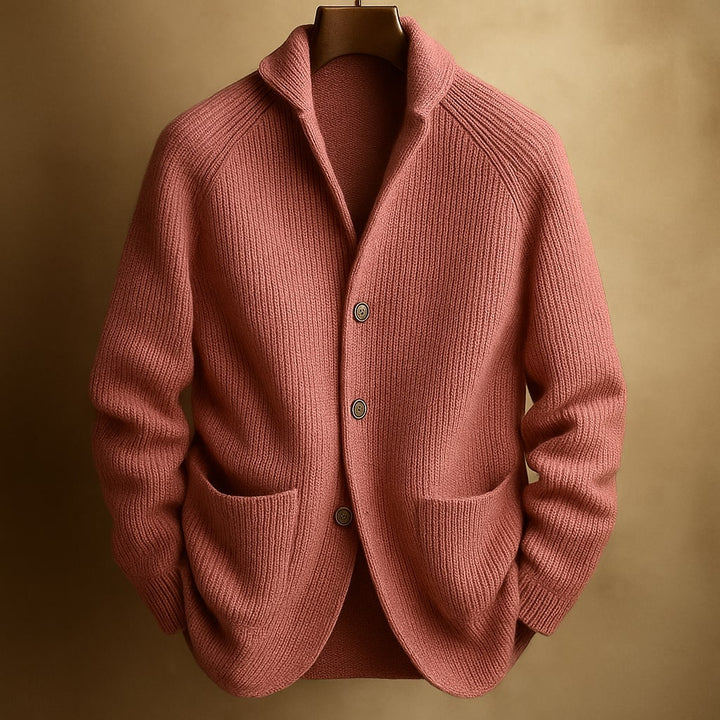 Marcus ribbed shawl collar cardigan in pink, front view on hanger