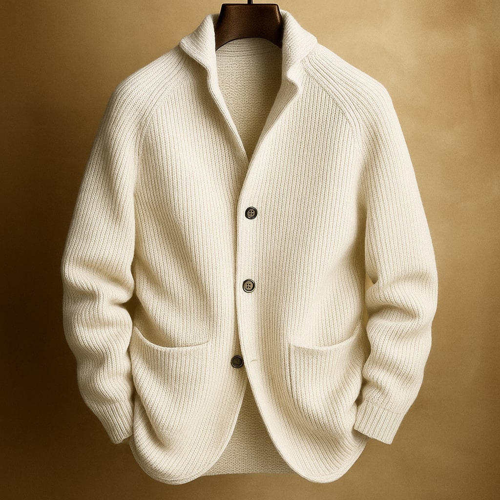 Marcus ribbed shawl collar cardigan in cream, front view on hanger