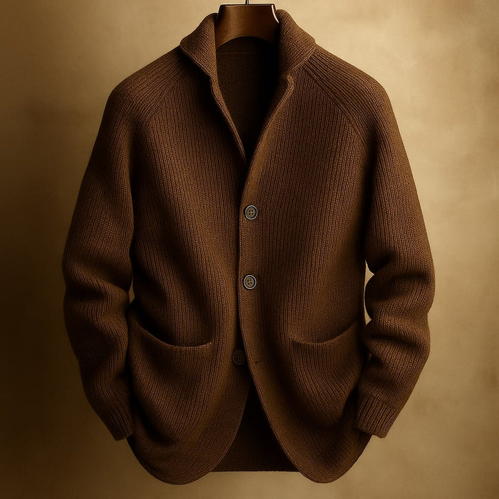 Marcus ribbed shawl collar cardigan in brown, front view on hanger