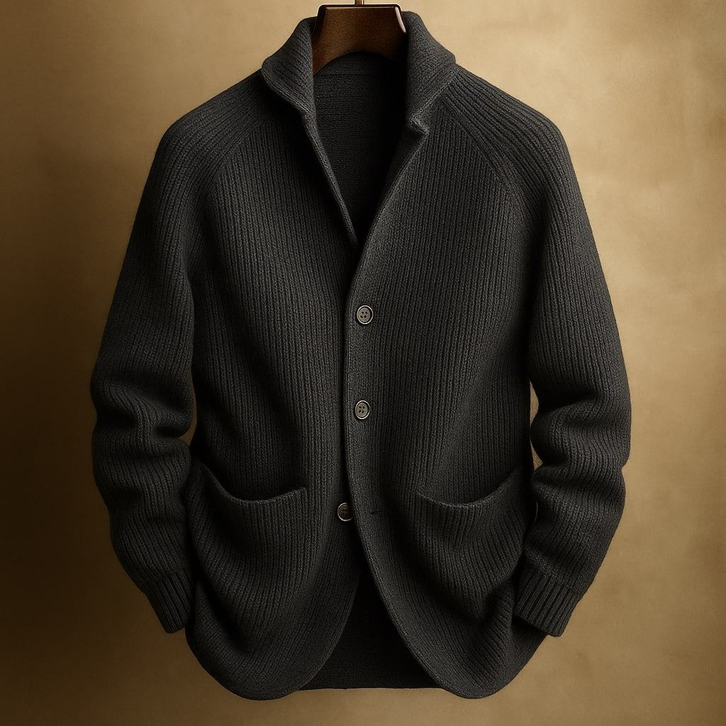 Marcus ribbed shawl collar cardigan in dark gray, front view on hanger