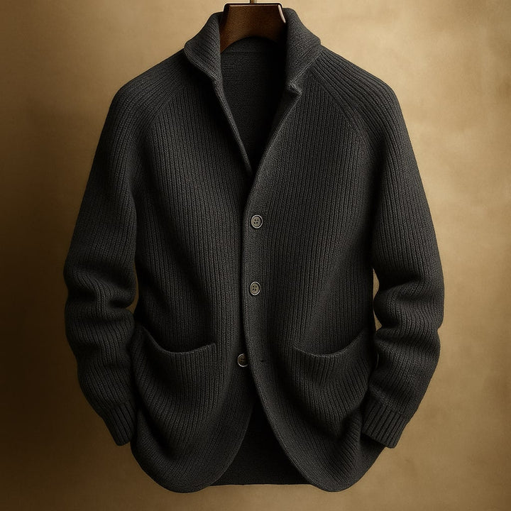Marcus ribbed shawl collar cardigan in dark gray, front view on hanger