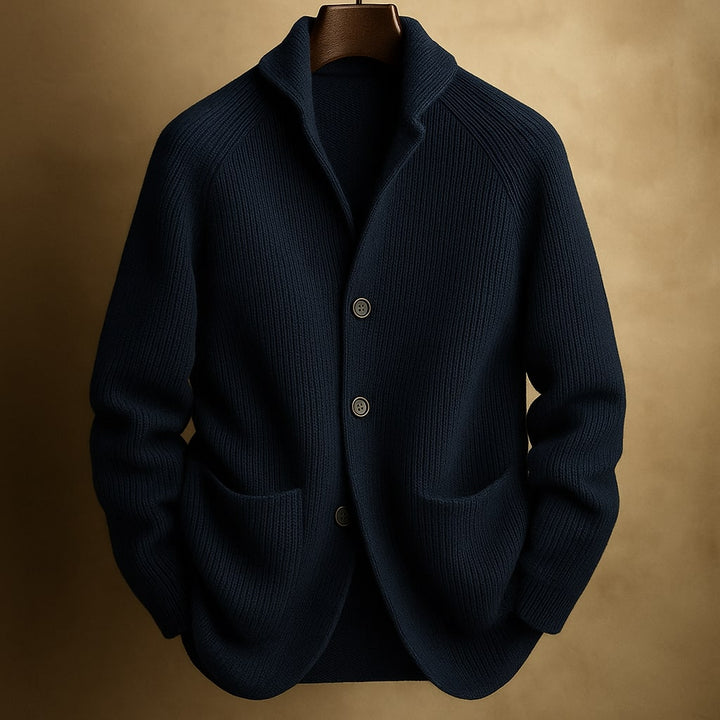Marcus ribbed shawl collar cardigan in navy, front view on hanger