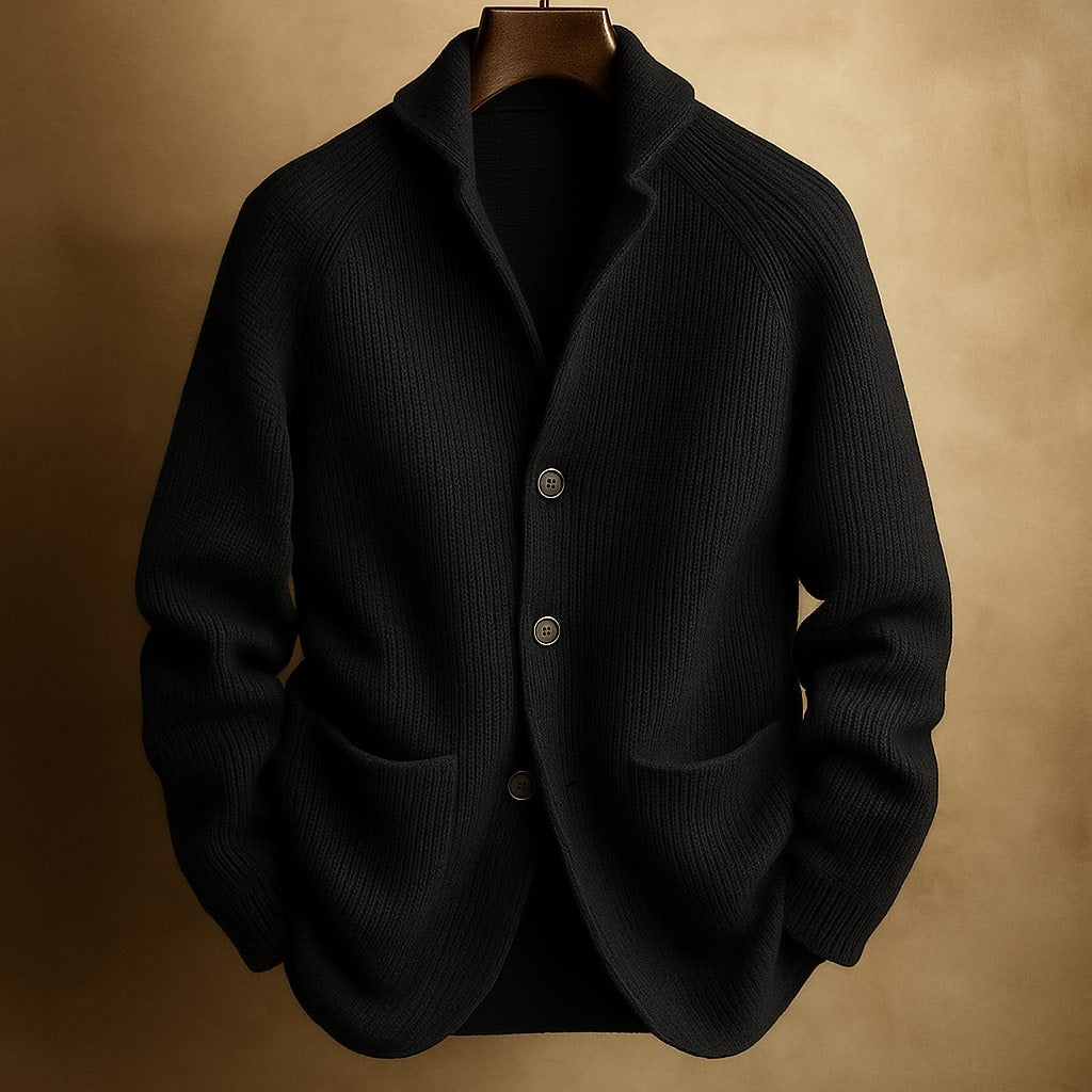 Marcus ribbed shawl collar cardigan in black, front view on hanger