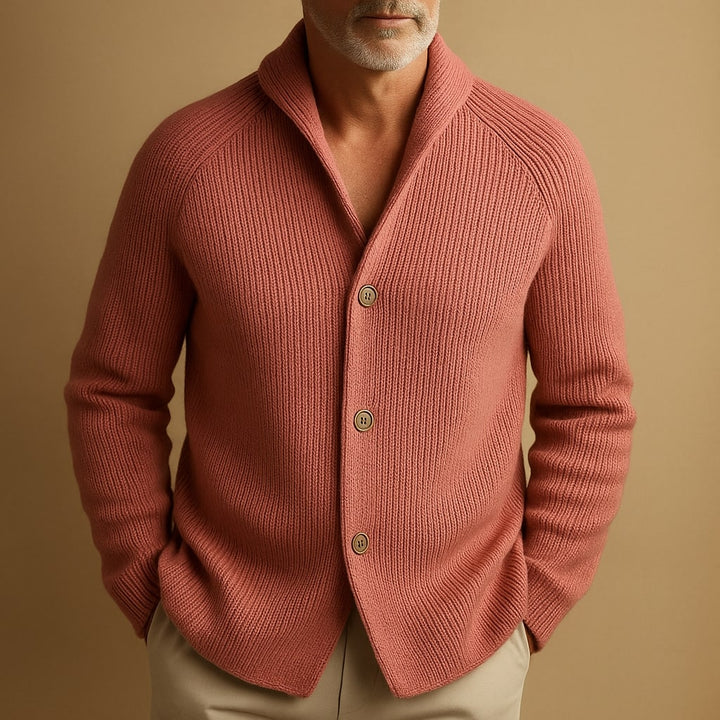 Man wearing Marcus pink ribbed cardigan with shawl collar, close-up