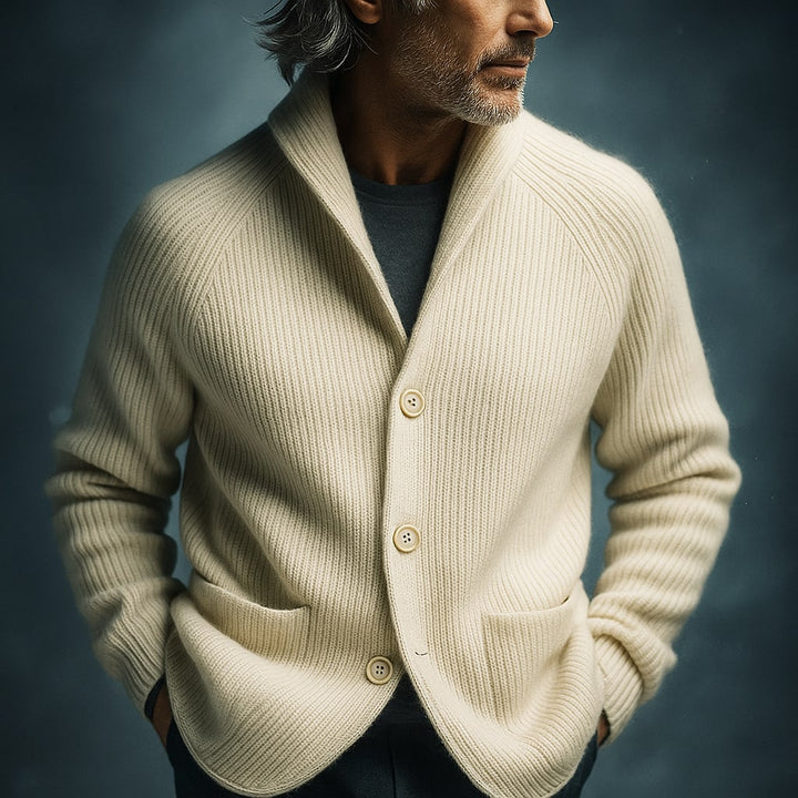 Man wearing Marcus cream ribbed cardigan with shawl collar, close-up
