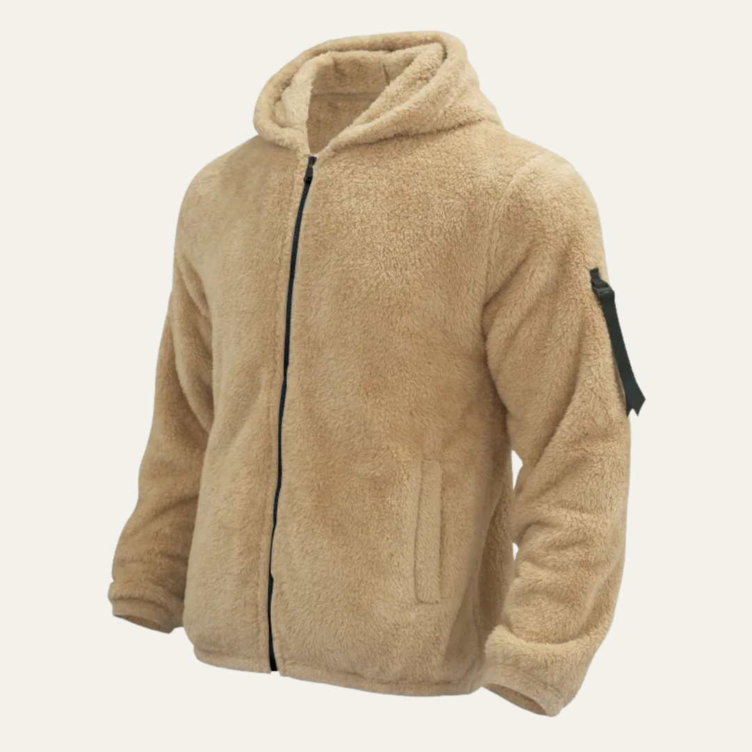 Marcus sherpa fleece hooded jacket, front side angle view
