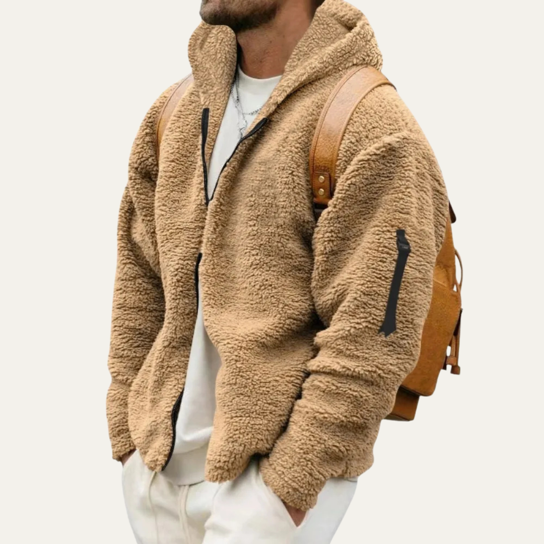 Man wearing Marcus sherpa fleece hooded jacket with backpack