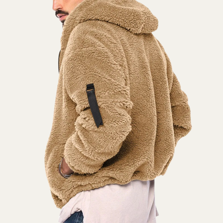 Man wearing Marcus sherpa fleece jacket, back view