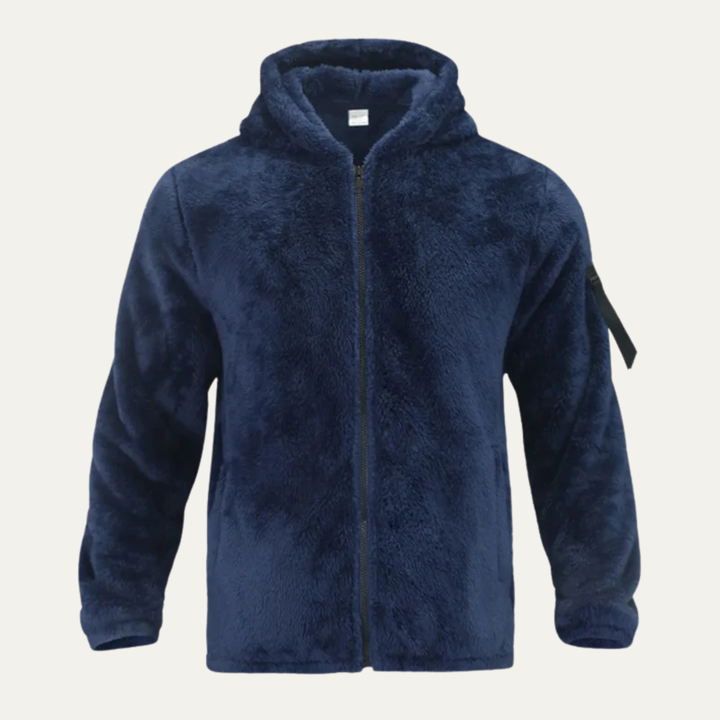 Marcus fleece hooded jacket in navy blue colorway