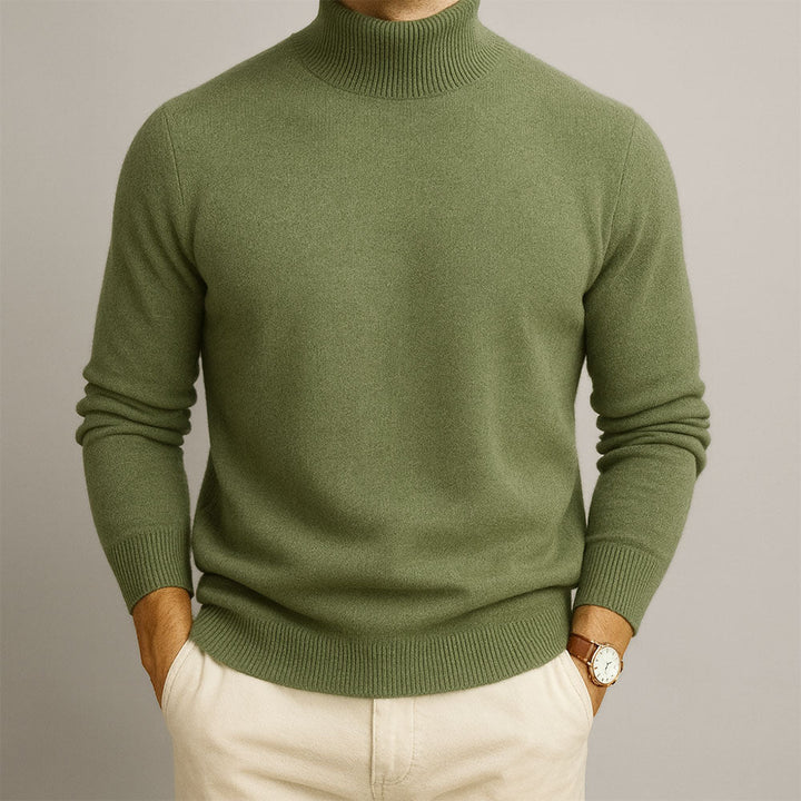Nathaniel green turtleneck sweater front view on model