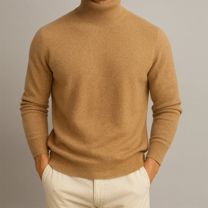 Nathaniel camel turtleneck sweater front view on model