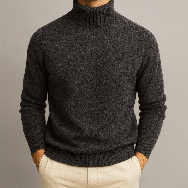 Nathaniel charcoal turtleneck sweater front view on model