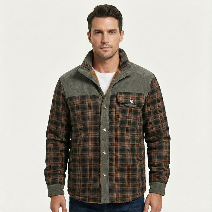 Rowan olive and brown plaid shirt jacket, front view on model