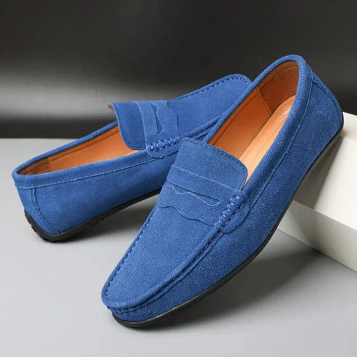 Rutherford orthopedic penny loafers in blue, angled view