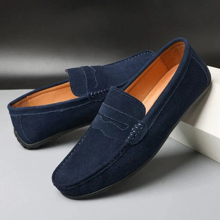 Rutherford orthopedic penny loafers in navy, angled view