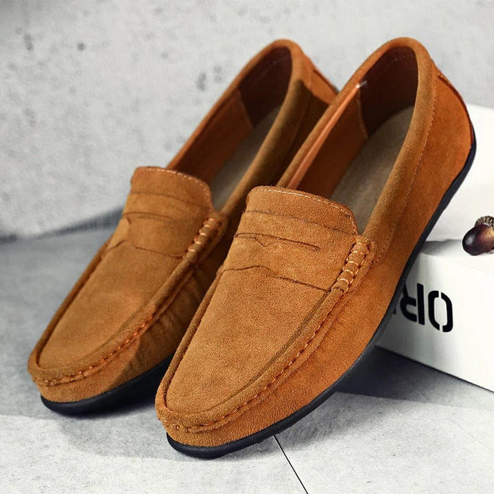 Rutherford orthopedic penny loafers in brown, angled view