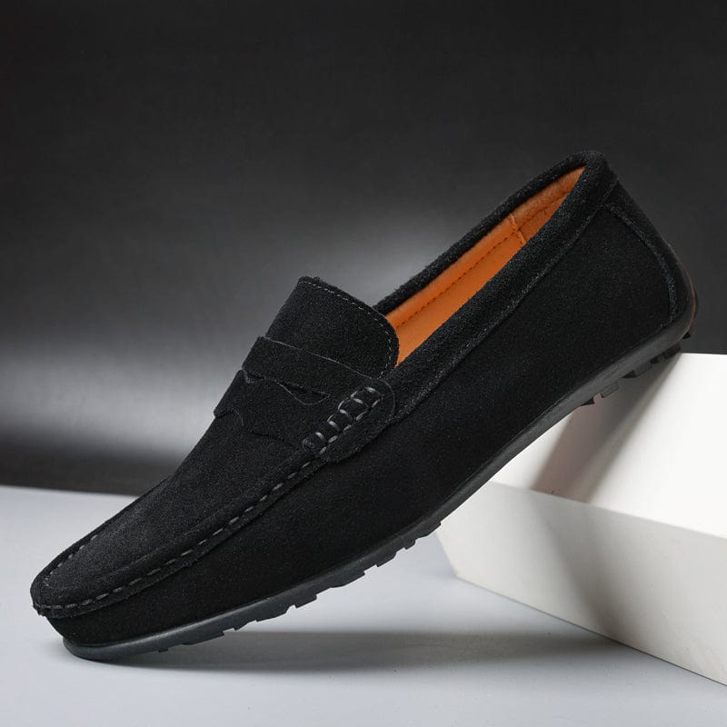 Rutherford orthopedic penny loafers in black, side view