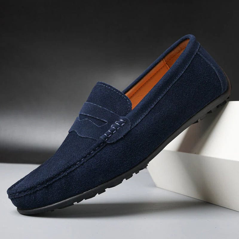 Rutherford orthopedic penny loafers in navy, side view