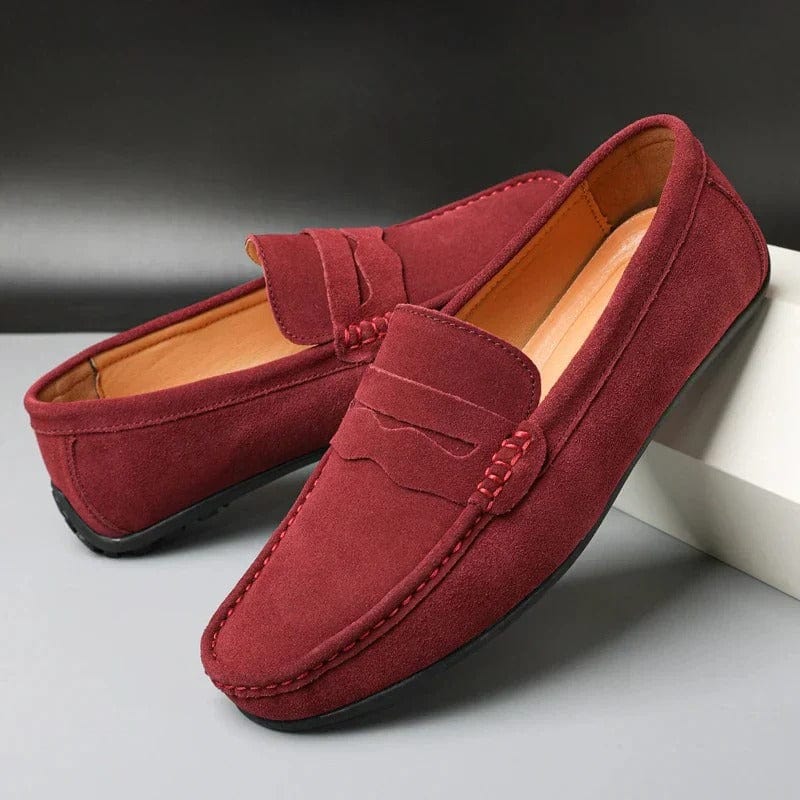 Rutherford orthopedic penny loafers in red, angled pair view